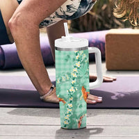 Green Palaka Hawaiian And Japanese Tumbler With Handle Sakura Lei With Koi Fish DT05 - Polynesian Pride