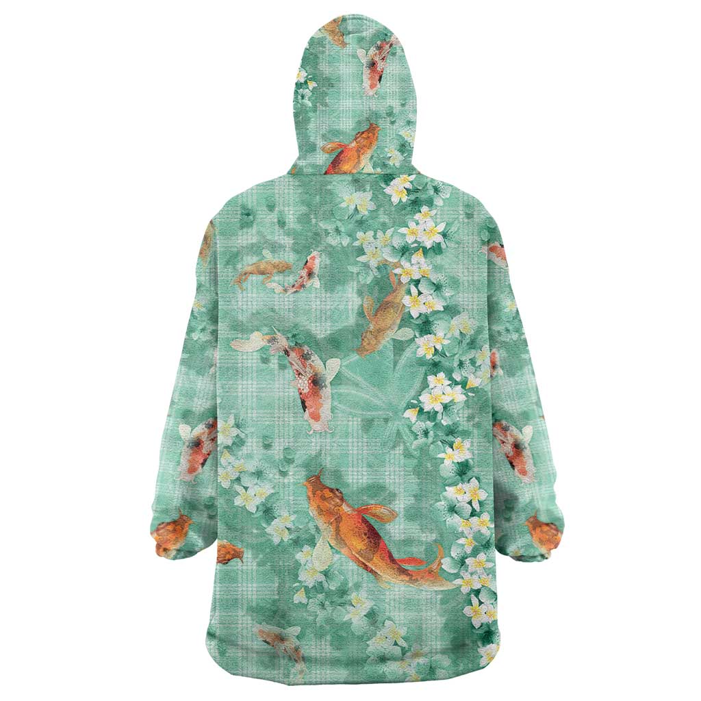 Green Palaka Hawaiian And Japanese Wearable Blanket Hoodie Sakura Lei With Koi Fish DT05 - Polynesian Pride