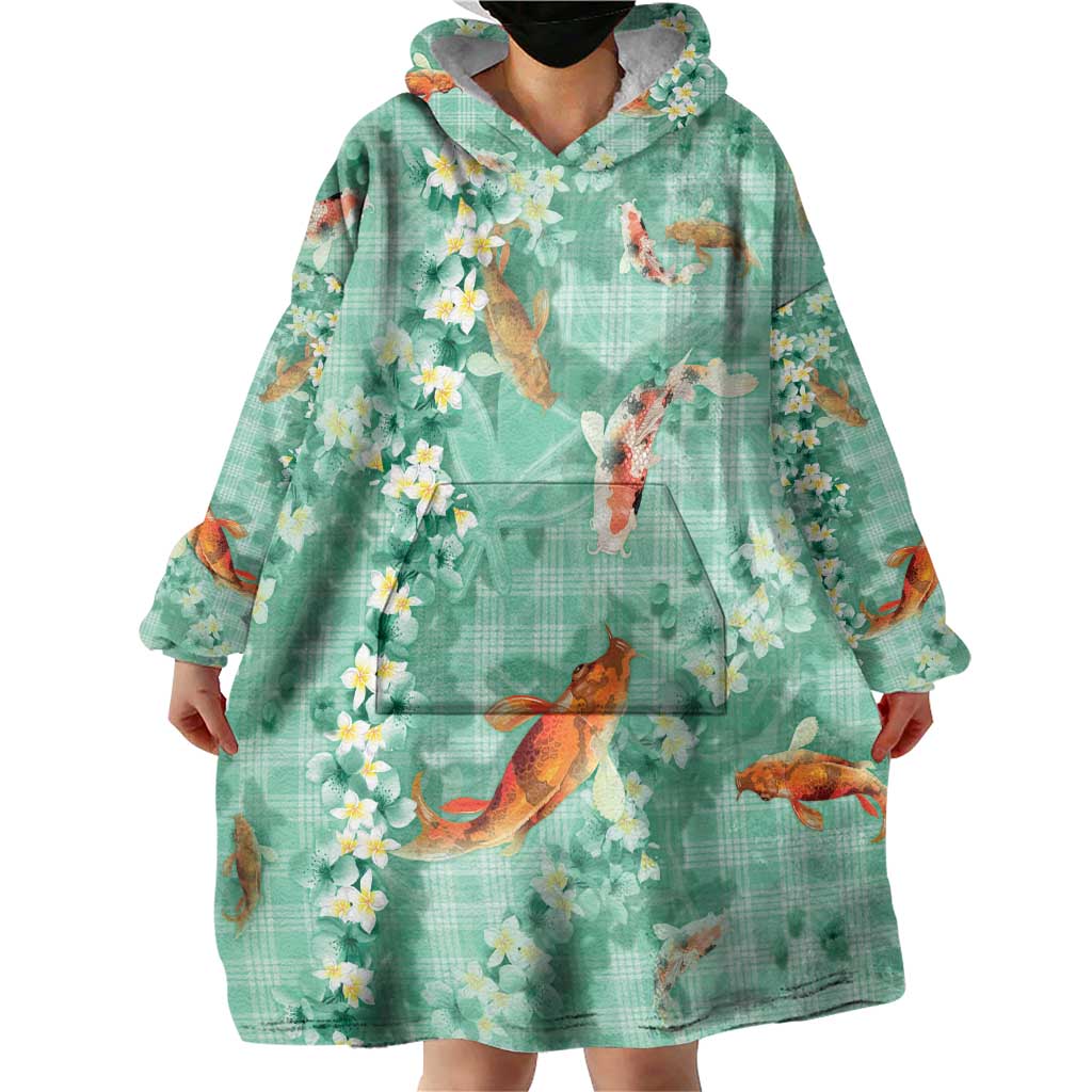 Green Palaka Hawaiian And Japanese Wearable Blanket Hoodie Sakura Lei With Koi Fish DT05 - Polynesian Pride