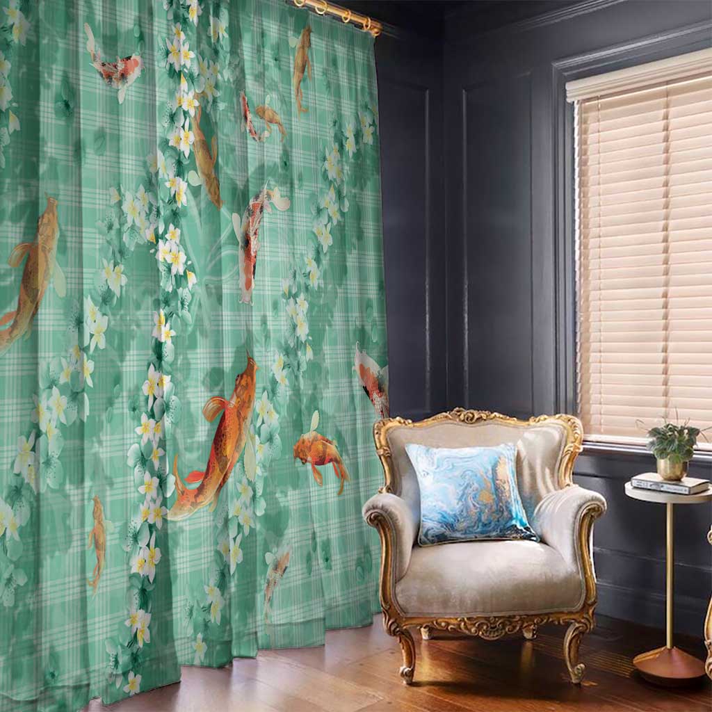 Green Palaka Hawaiian And Japanese Window Curtain Sakura Lei With Koi Fish - Polynesian Pride