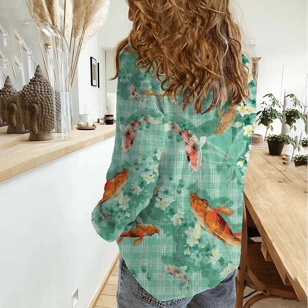 Green Palaka Hawaiian And Japanese Women Casual Shirt Sakura Lei With Koi Fish DT05 - Polynesian Pride