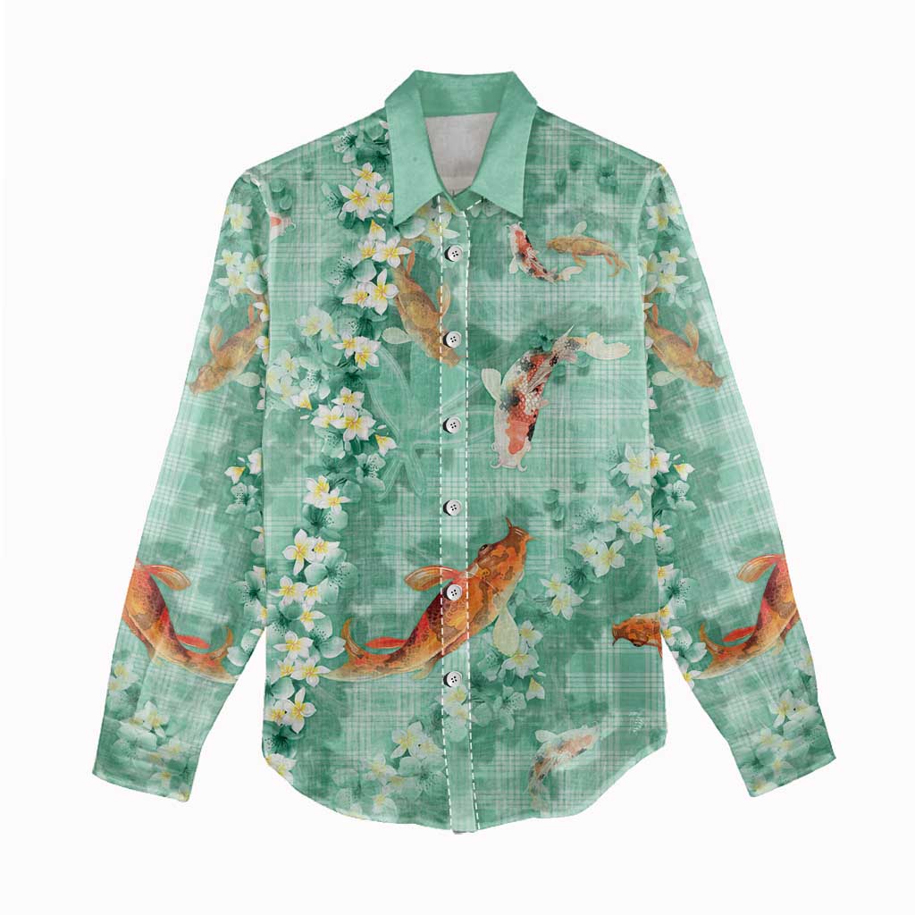 Green Palaka Hawaiian And Japanese Women Casual Shirt Sakura Lei With Koi Fish DT05 - Polynesian Pride