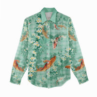 Green Palaka Hawaiian And Japanese Women Casual Shirt Sakura Lei With Koi Fish DT05 - Polynesian Pride
