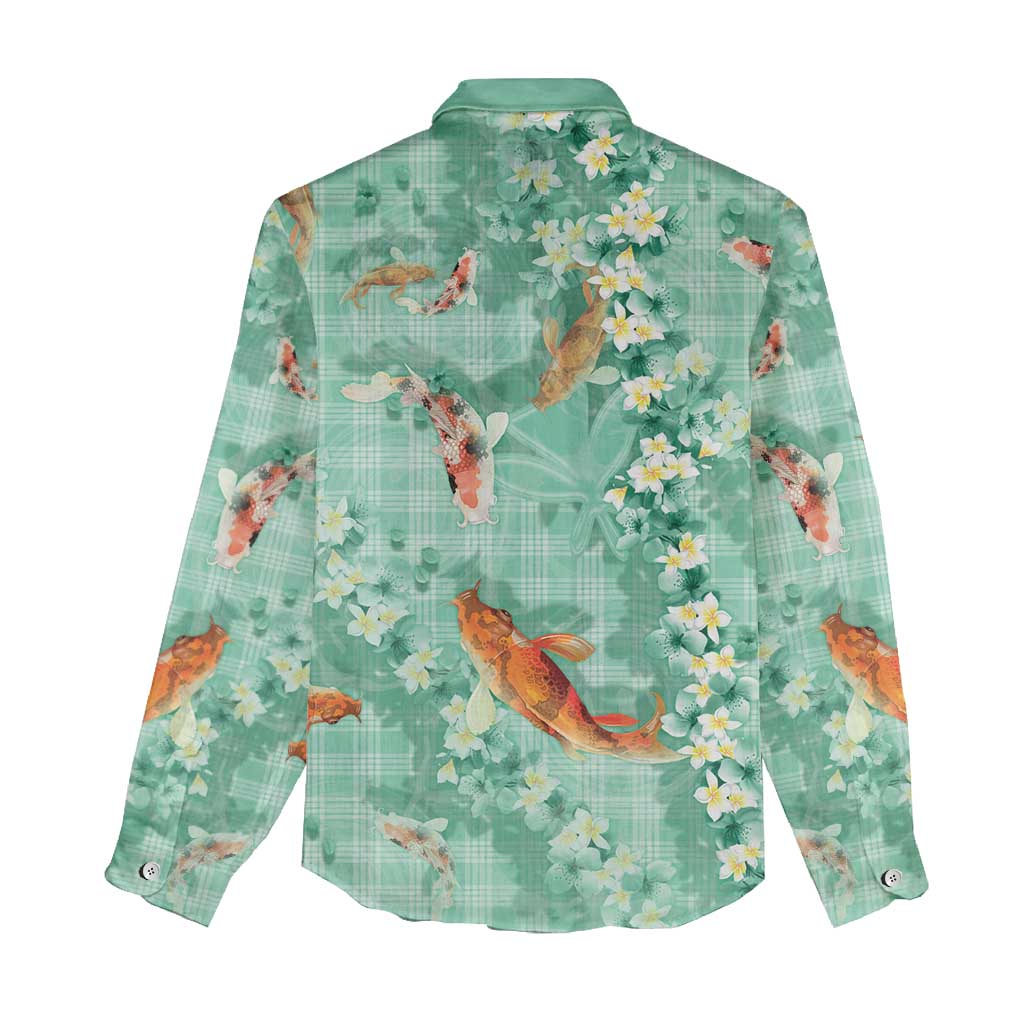Green Palaka Hawaiian And Japanese Women Casual Shirt Sakura Lei With Koi Fish DT05 - Polynesian Pride