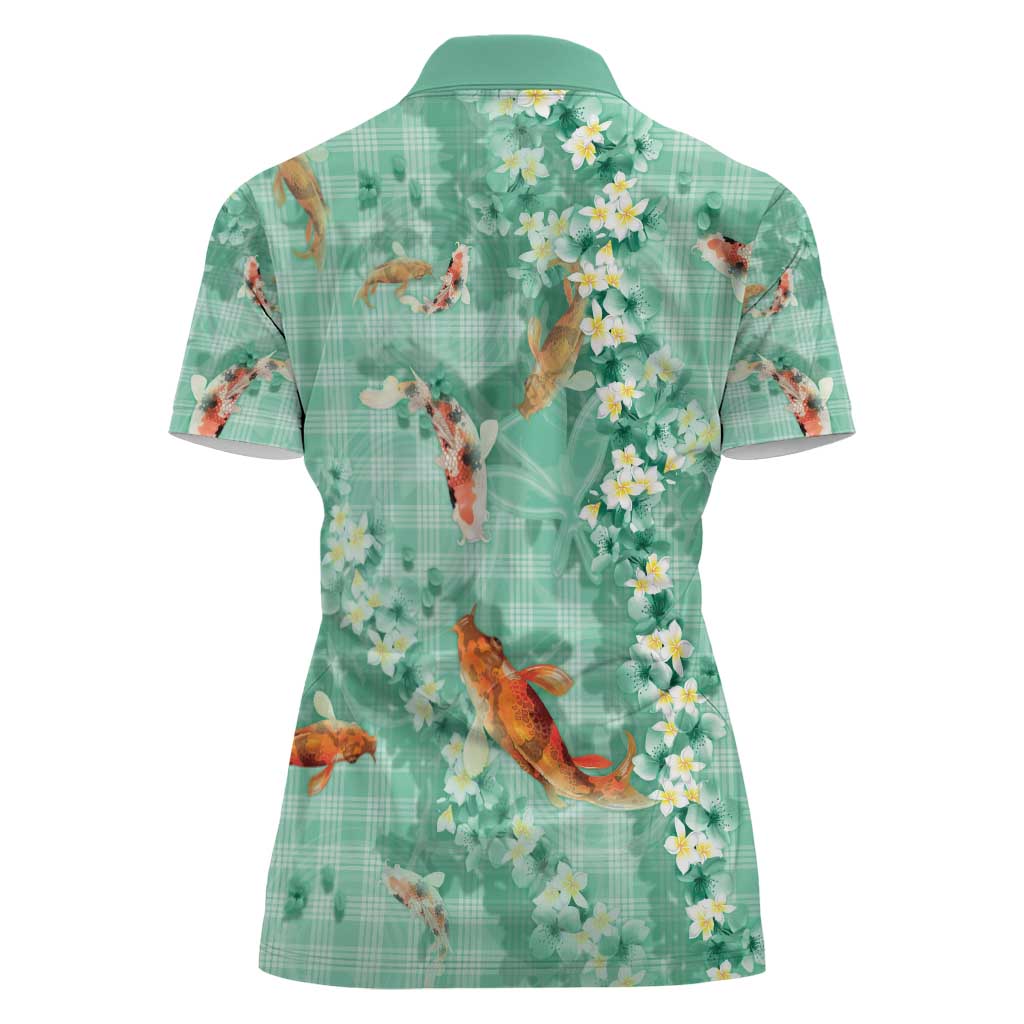 Green Palaka Hawaiian And Japanese Women Polo Shirt Sakura Lei With Koi Fish - Polynesian Pride