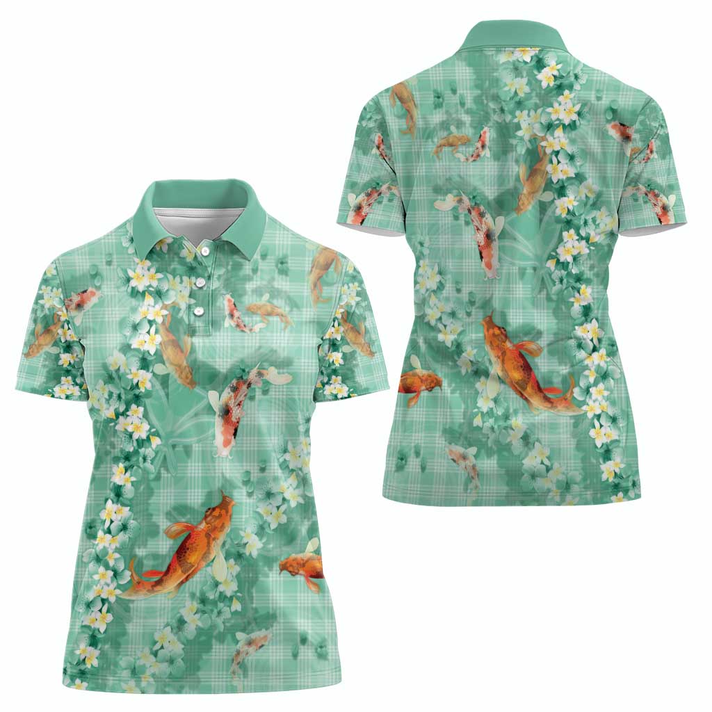 Green Palaka Hawaiian And Japanese Women Polo Shirt Sakura Lei With Koi Fish - Polynesian Pride