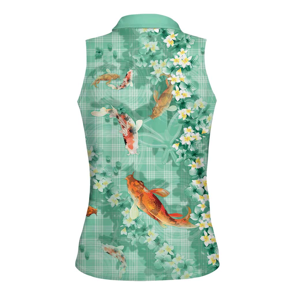 Green Palaka Hawaiian And Japanese Women Sleeveless Polo Shirt Sakura Lei With Koi Fish DT05 - Polynesian Pride