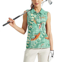 Green Palaka Hawaiian And Japanese Women Sleeveless Polo Shirt Sakura Lei With Koi Fish DT05 - Polynesian Pride