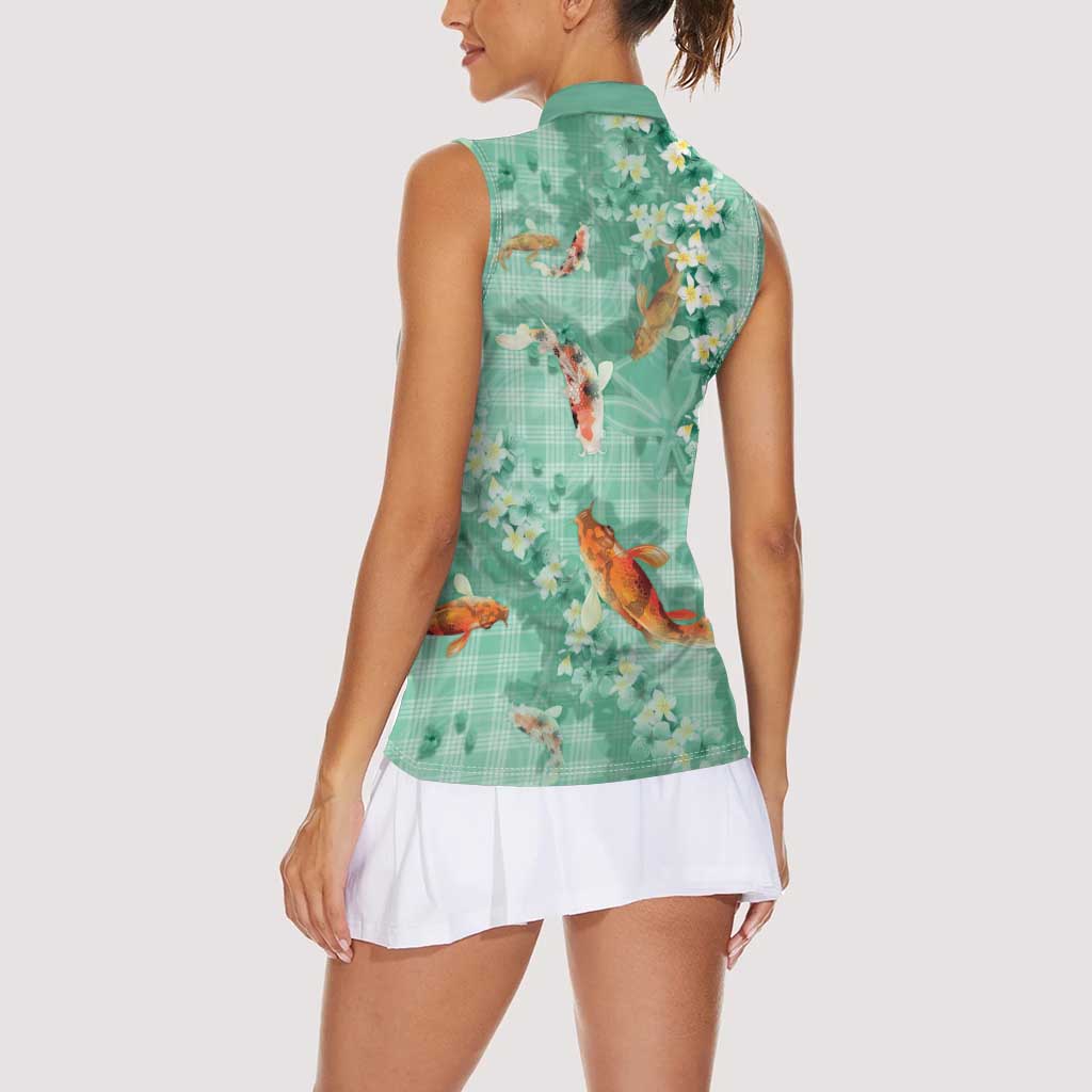 Green Palaka Hawaiian And Japanese Women Sleeveless Polo Shirt Sakura Lei With Koi Fish DT05 - Polynesian Pride