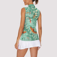 Green Palaka Hawaiian And Japanese Women Sleeveless Polo Shirt Sakura Lei With Koi Fish DT05 - Polynesian Pride