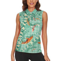 Green Palaka Hawaiian And Japanese Women Sleeveless Polo Shirt Sakura Lei With Koi Fish DT05 - Polynesian Pride