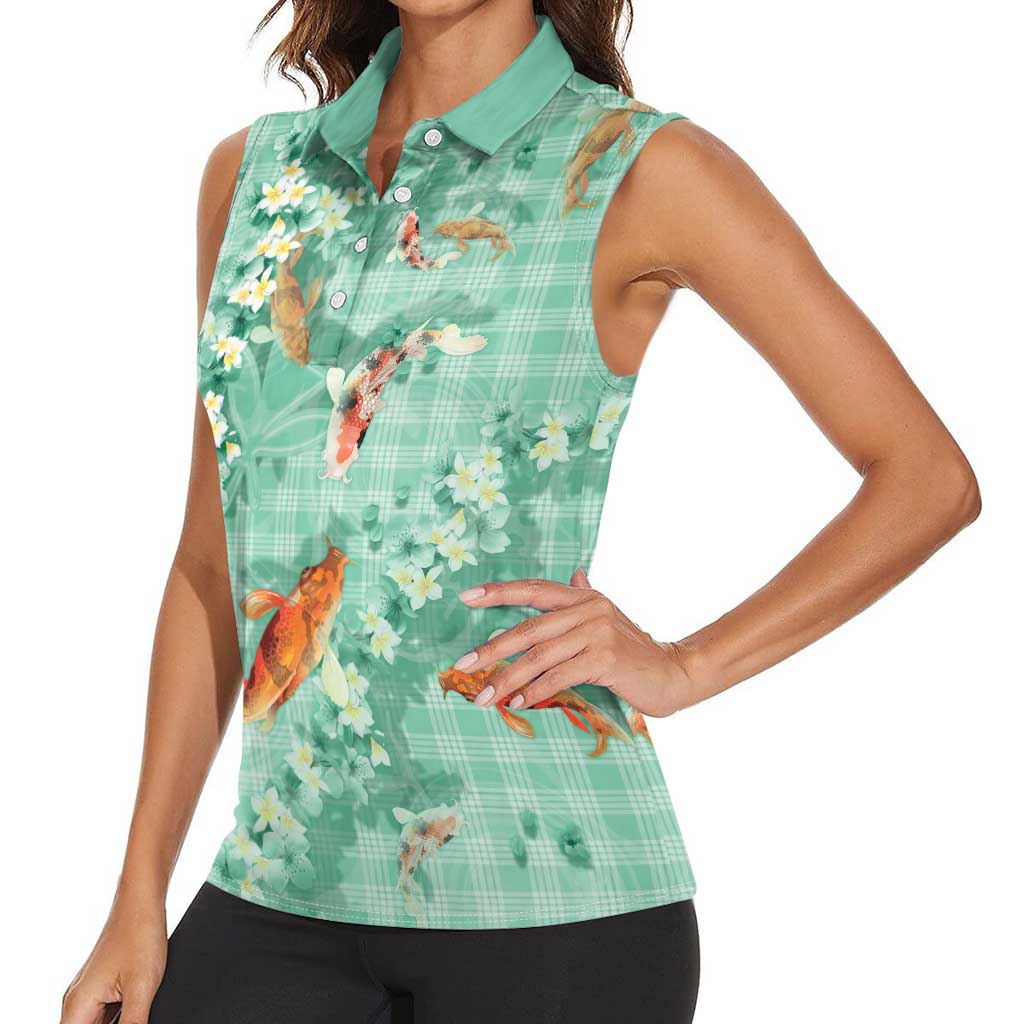 Green Palaka Hawaiian And Japanese Women Sleeveless Polo Shirt Sakura Lei With Koi Fish DT05 - Polynesian Pride