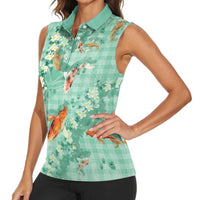Green Palaka Hawaiian And Japanese Women Sleeveless Polo Shirt Sakura Lei With Koi Fish DT05 - Polynesian Pride