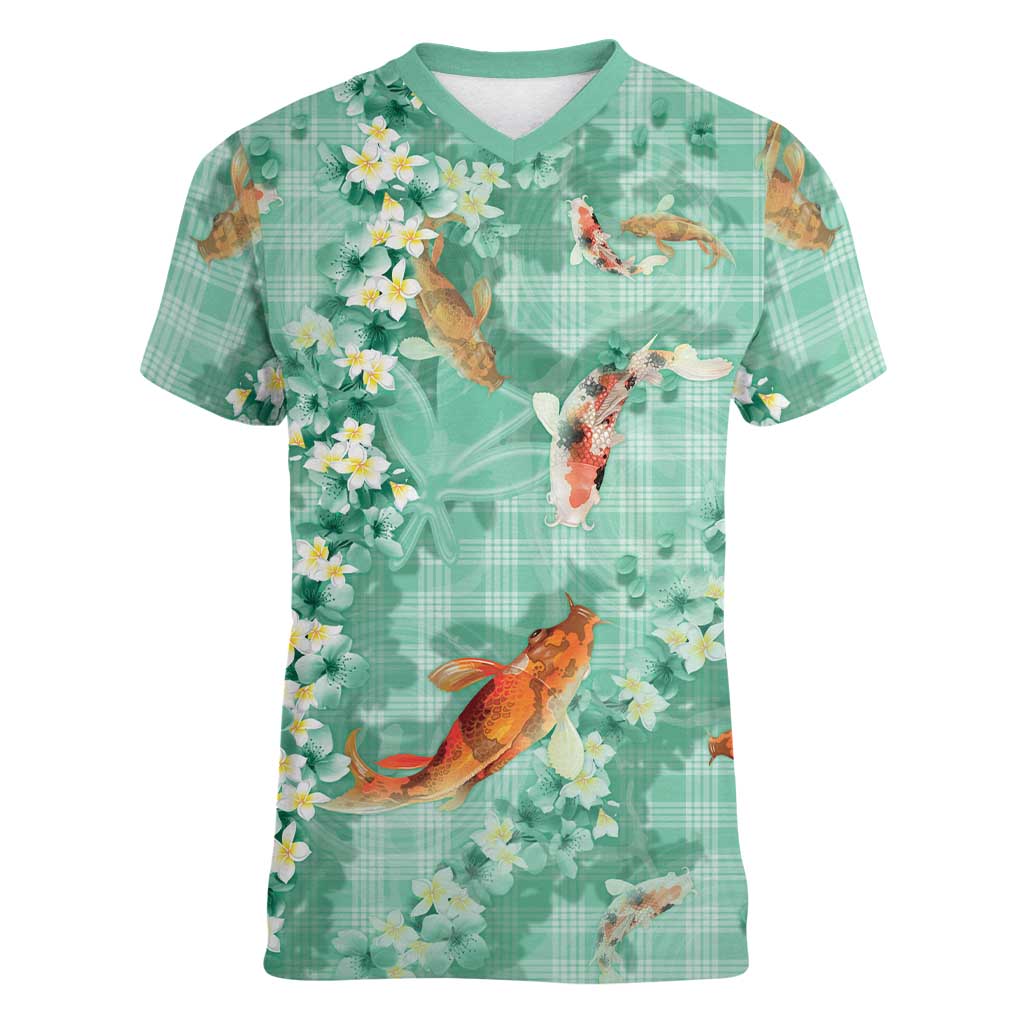 Green Palaka Hawaiian And Japanese Women V-Neck T-Shirt Sakura Lei With Koi Fish DT05 Female Green - Polynesian Pride