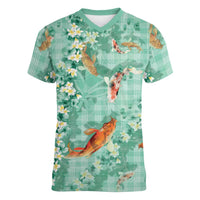 Green Palaka Hawaiian And Japanese Women V-Neck T-Shirt Sakura Lei With Koi Fish DT05 Female Green - Polynesian Pride