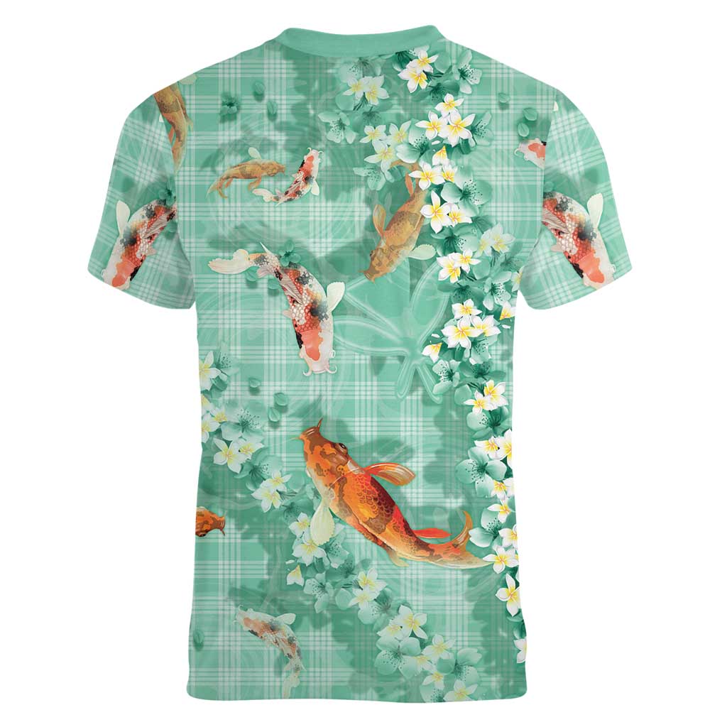 Green Palaka Hawaiian And Japanese Women V-Neck T-Shirt Sakura Lei With Koi Fish DT05 - Polynesian Pride