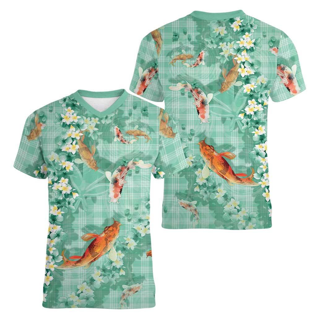 Green Palaka Hawaiian And Japanese Women V-Neck T-Shirt Sakura Lei With Koi Fish DT05 - Polynesian Pride