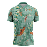 Green Palaka Hawaiian And Japanese Zipper Polo Shirt Sakura Lei With Koi Fish - Polynesian Pride