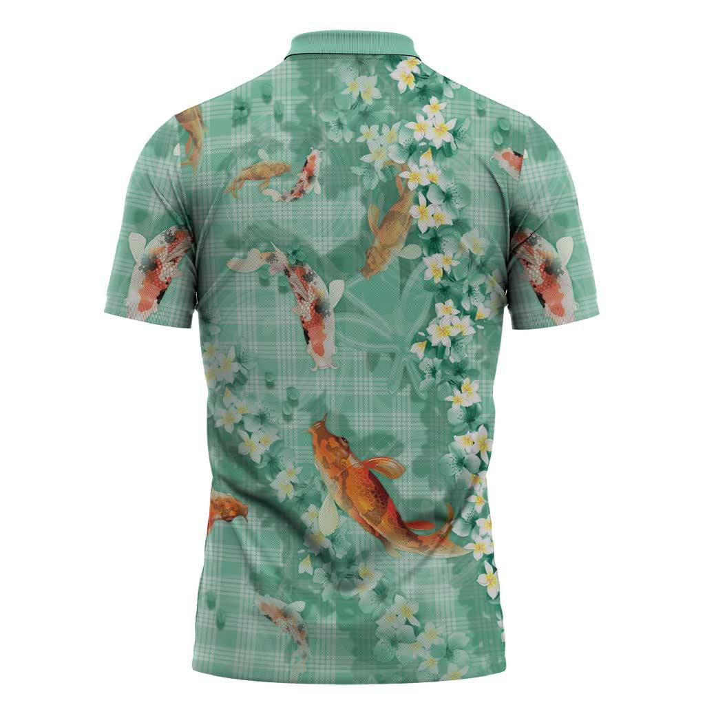 Green Palaka Hawaiian And Japanese Zipper Polo Shirt Sakura Lei With Koi Fish - Polynesian Pride