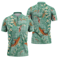 Green Palaka Hawaiian And Japanese Zipper Polo Shirt Sakura Lei With Koi Fish - Polynesian Pride