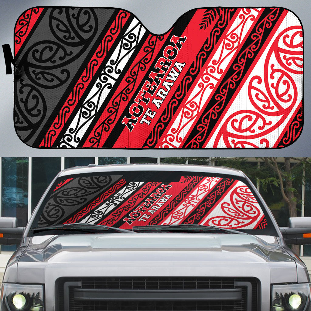 Aotearoa Te Arawa Auto Sun Shade New Zealand Maori Tribal Fern Pattern DT05 Red - Polynesian Pride