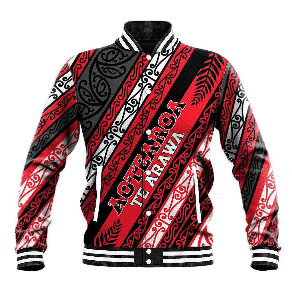 Personalised Aotearoa Te Arawa Baseball Jacket New Zealand Maori Tribal Fern Pattern DT05 Unisex Red - Polynesian Pride