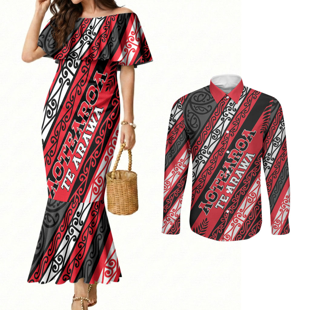 Personalised Aotearoa Te Arawa Couples Matching Mermaid Dress and Long Sleeve Button Shirt New Zealand Maori Tribal Fern Pattern DT05 Red - Polynesian Pride