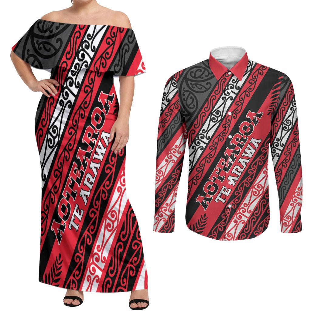 Personalised Aotearoa Te Arawa Couples Matching Off Shoulder Maxi Dress and Long Sleeve Button Shirt New Zealand Maori Tribal Fern Pattern DT05 Red - Polynesian Pride