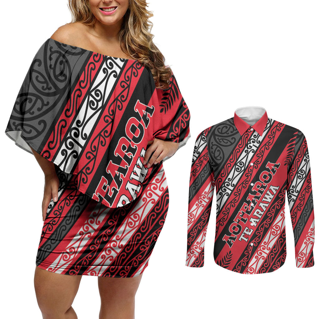 Personalised Aotearoa Te Arawa Couples Matching Off Shoulder Short Dress and Long Sleeve Button Shirt New Zealand Maori Tribal Fern Pattern DT05 Red - Polynesian Pride