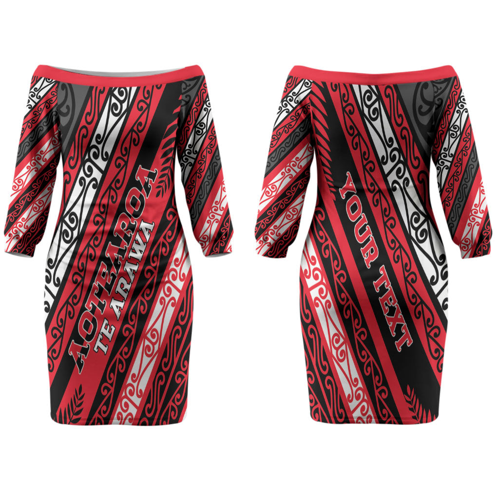 Personalised Aotearoa Te Arawa Couples Matching Off The Shoulder Long Sleeve Dress and Long Sleeve Button Shirt New Zealand Maori Tribal Fern Pattern