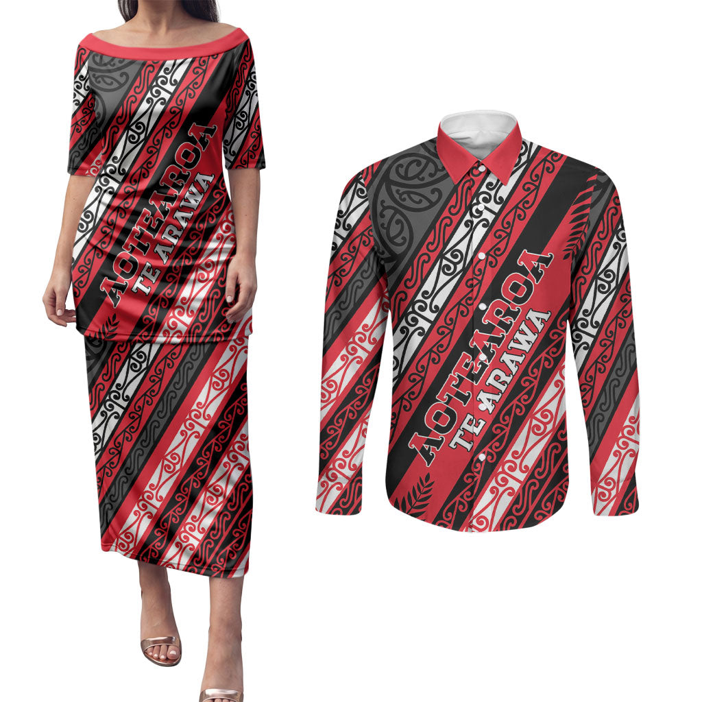 Personalised Aotearoa Te Arawa Couples Matching Puletasi and Long Sleeve Button Shirt New Zealand Maori Tribal Fern Pattern DT05 Red - Polynesian Pride