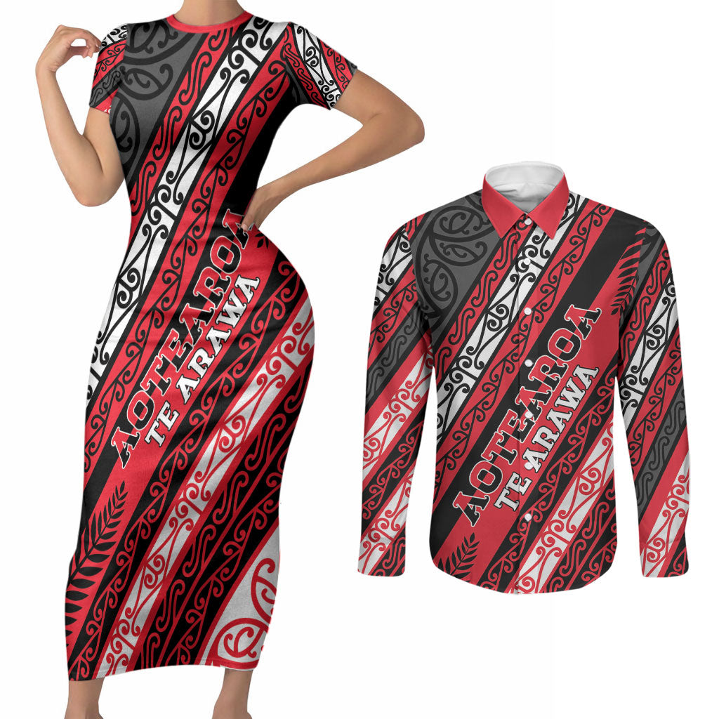 Personalised Aotearoa Te Arawa Couples Matching Short Sleeve Bodycon Dress and Long Sleeve Button Shirt New Zealand Maori Tribal Fern Pattern DT05 Red - Polynesian Pride