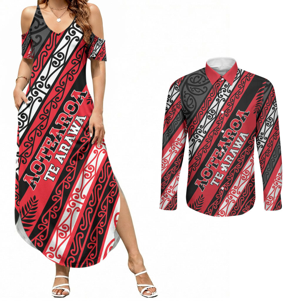 Personalised Aotearoa Te Arawa Couples Matching Summer Maxi Dress and Long Sleeve Button Shirt New Zealand Maori Tribal Fern Pattern DT05 Red - Polynesian Pride