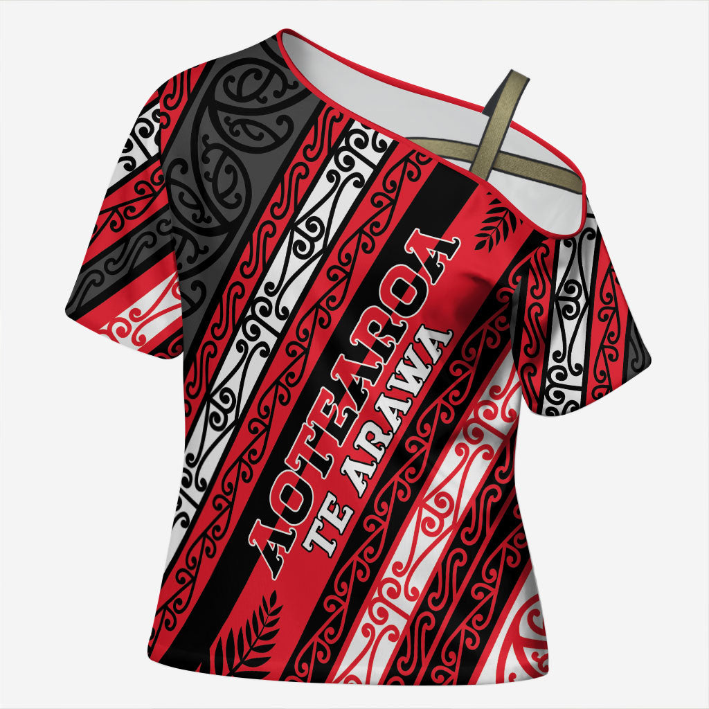 Personalised Aotearoa Te Arawa Cross Shoulder Shirt New Zealand Maori Tribal Fern Pattern DT05 Female Red - Polynesian Pride