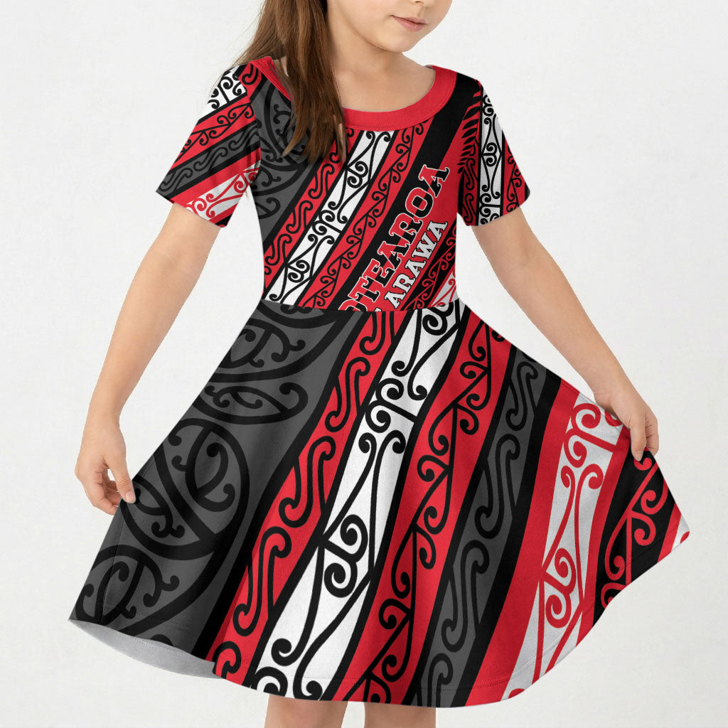 Personalised Aotearoa Te Arawa Kid Short Sleeve Dress New Zealand Maori Tribal Fern Pattern DT05 KID Red - Polynesian Pride