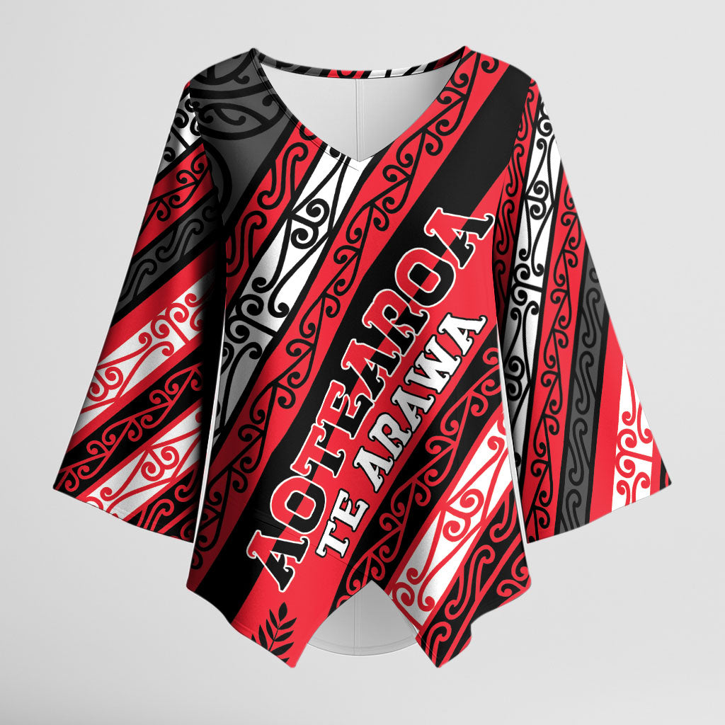 Personalised Aotearoa Te Arawa Kimono Sleeve Blouse New Zealand Maori Tribal Fern Pattern DT05 Female Red - Polynesian Pride
