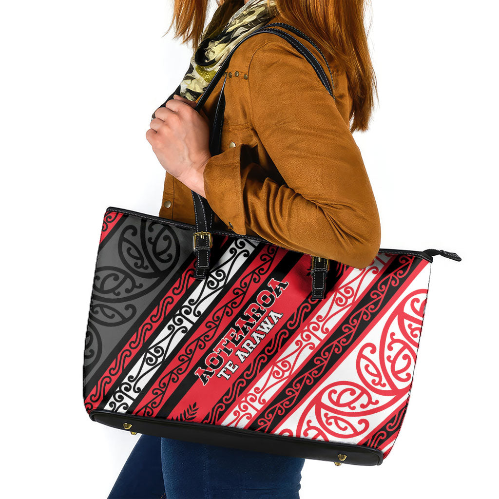 Aotearoa Te Arawa Leather Tote Bag New Zealand Maori Tribal Fern Pattern DT05 Red - Polynesian Pride