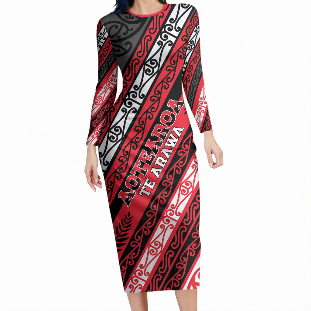 Personalised Aotearoa Te Arawa Long Sleeve Bodycon Dress New Zealand Maori Tribal Fern Pattern DT05 Long Dress Red - Polynesian Pride