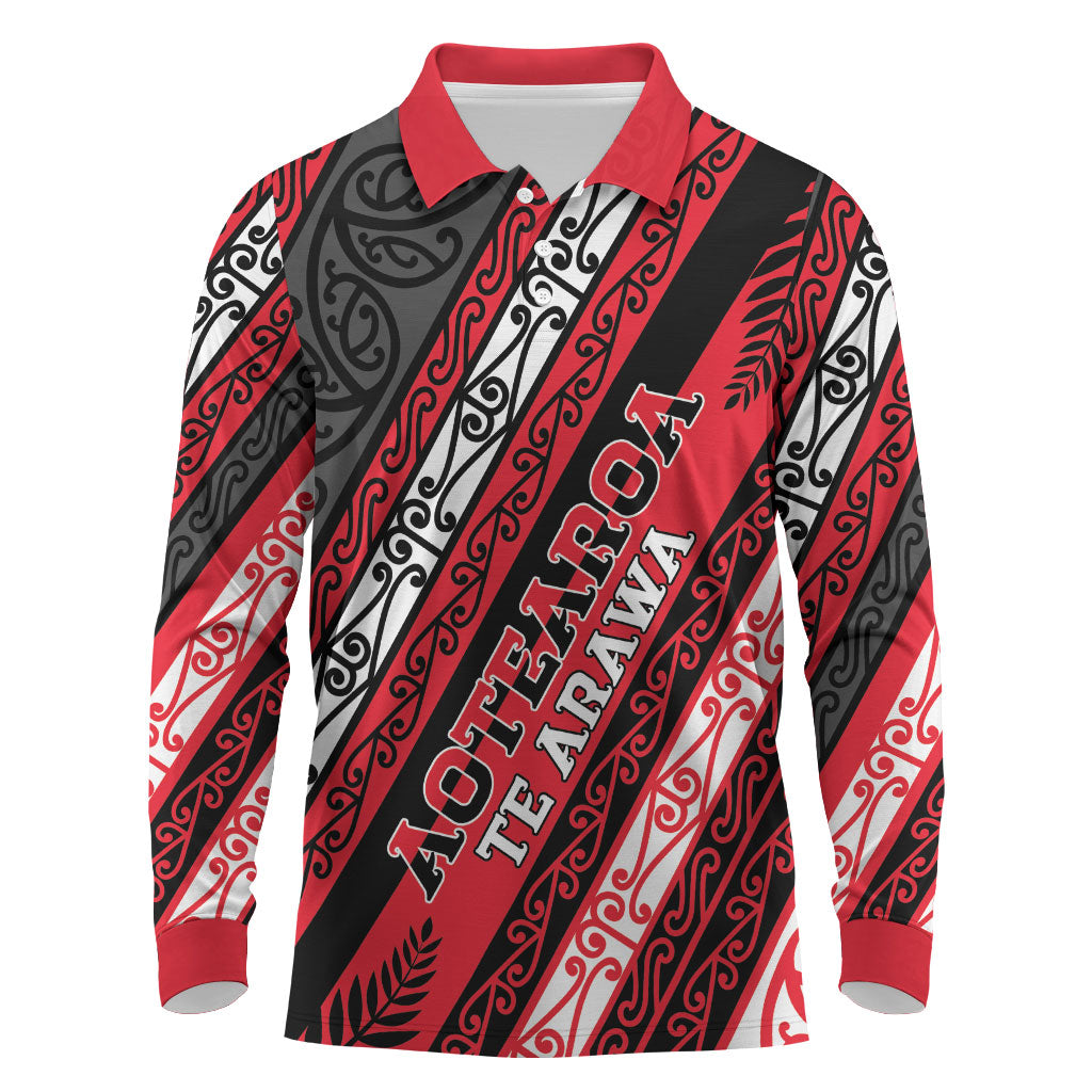 Personalised Aotearoa Te Arawa Long Sleeve Polo Shirt New Zealand Maori Tribal Fern Pattern DT05 Red - Polynesian Pride