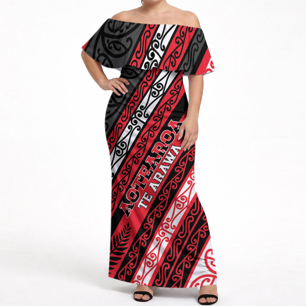 Personalised Aotearoa Te Arawa Off Shoulder Maxi Dress New Zealand Maori Tribal Fern Pattern DT05 Women Red - Polynesian Pride
