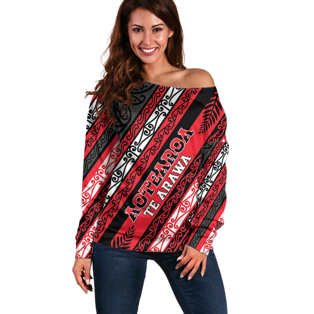 Personalised Aotearoa Te Arawa Off Shoulder Sweater New Zealand Maori Tribal Fern Pattern DT05 Women Red - Polynesian Pride