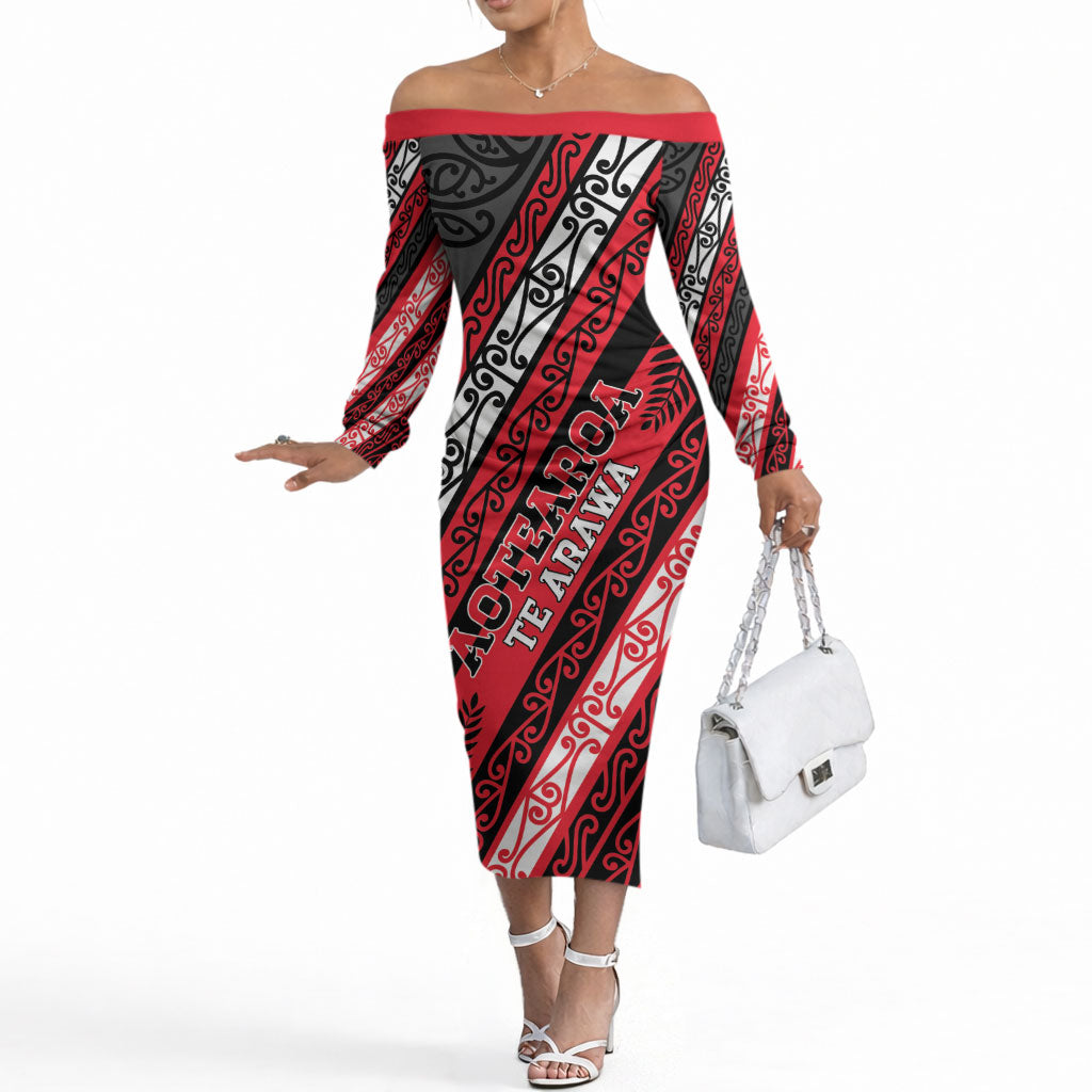 Personalised Aotearoa Te Arawa Off The Shoulder Long Sleeve Dress New Zealand Maori Tribal Fern Pattern DT05 Women Red - Polynesian Pride