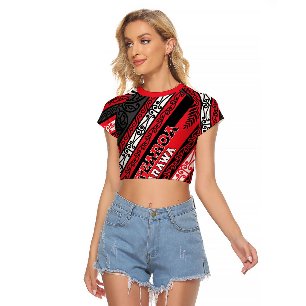 Personalised Aotearoa Te Arawa Raglan Cropped T Shirt New Zealand Maori Tribal Fern Pattern DT05 Female Red - Polynesian Pride