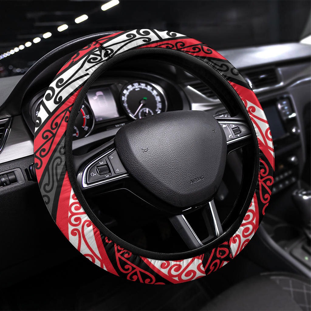 Aotearoa Te Arawa Steering Wheel Cover New Zealand Maori Tribal Fern Pattern DT05 Universal Fit Red - Polynesian Pride