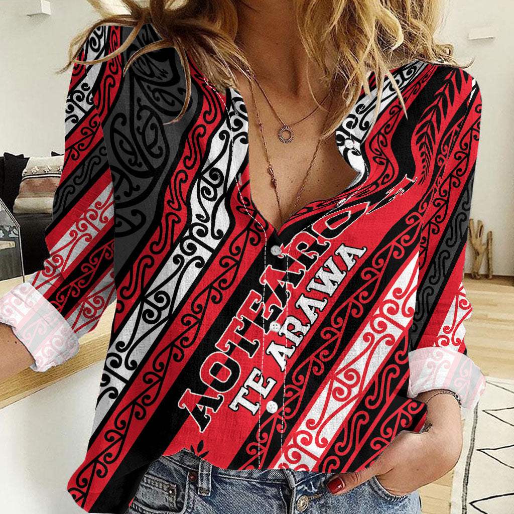 Personalised Aotearoa Te Arawa Women Casual Shirt New Zealand Maori Tribal Fern Pattern DT05 Female Red - Polynesian Pride