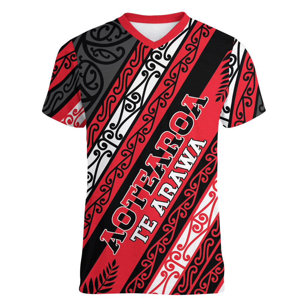 Personalised Aotearoa Te Arawa Women V-Neck T-Shirt New Zealand Maori Tribal Fern Pattern DT05 Female Red - Polynesian Pride