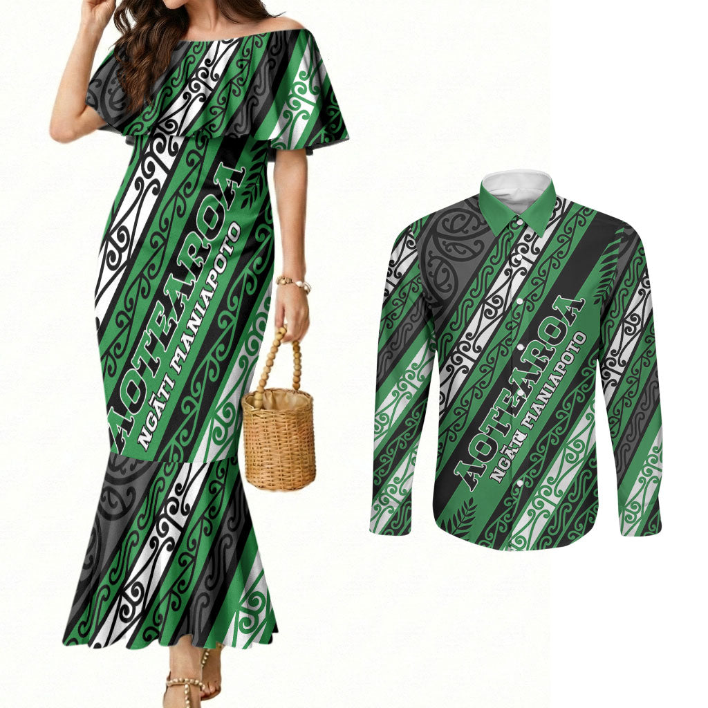 Personalised Aotearoa Ngati Maniapoto Couples Matching Mermaid Dress and Long Sleeve Button Shirt New Zealand Maori Tribal Fern Pattern DT05 Green - Polynesian Pride