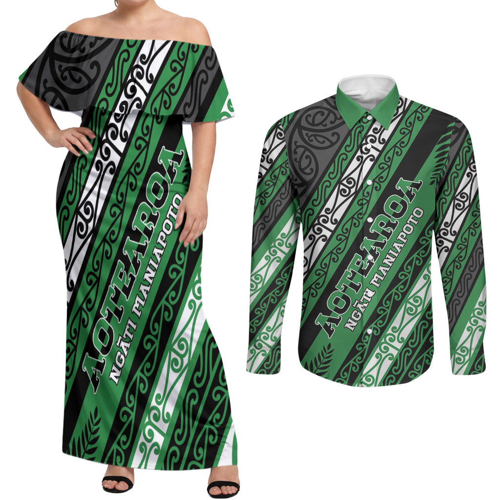 Personalised Aotearoa Ngati Maniapoto Couples Matching Off Shoulder Maxi Dress and Long Sleeve Button Shirt New Zealand Maori Tribal Fern Pattern DT05 Green - Polynesian Pride