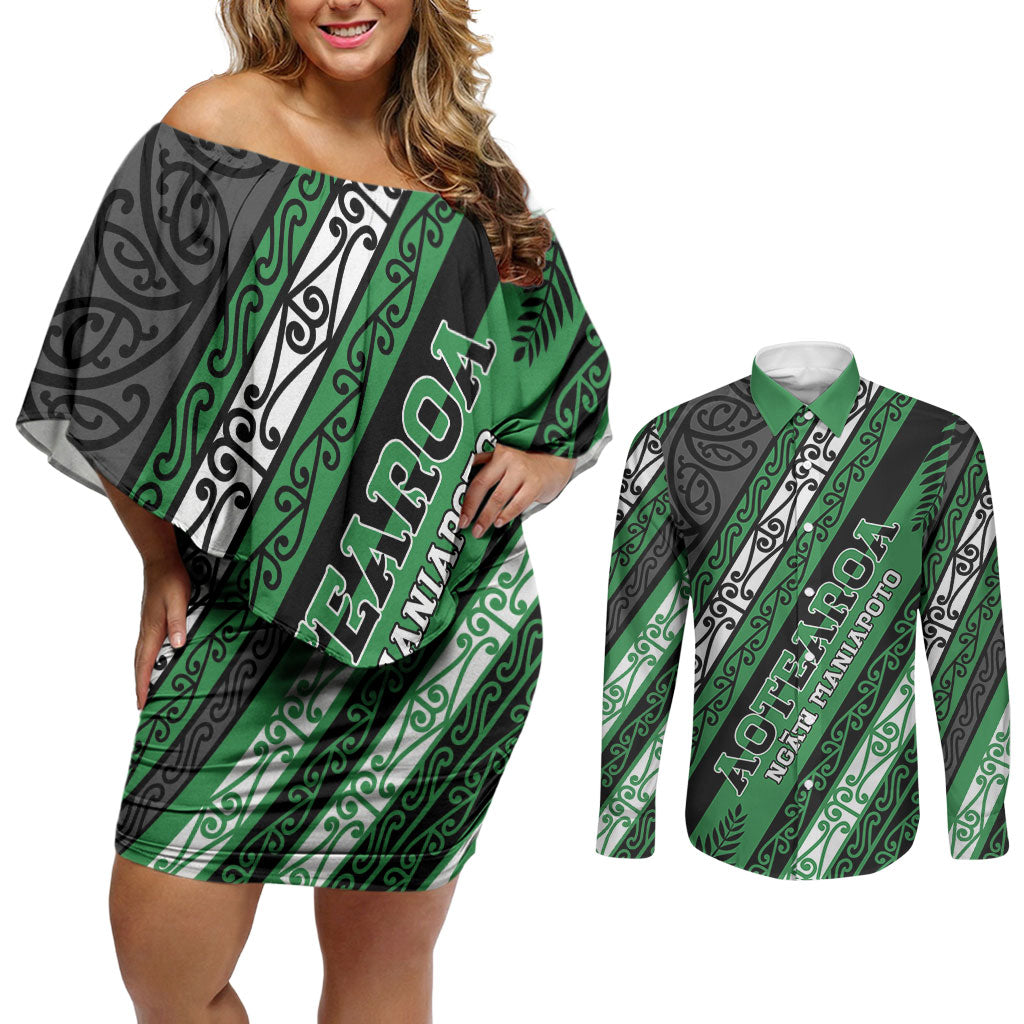 Personalised Aotearoa Ngati Maniapoto Couples Matching Off Shoulder Short Dress and Long Sleeve Button Shirt New Zealand Maori Tribal Fern Pattern DT05 Green - Polynesian Pride
