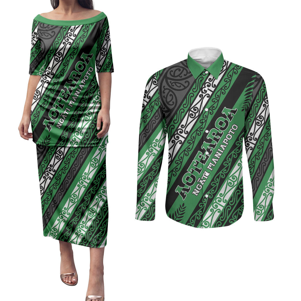 Personalised Aotearoa Ngati Maniapoto Couples Matching Puletasi and Long Sleeve Button Shirt New Zealand Maori Tribal Fern Pattern DT05 Green - Polynesian Pride